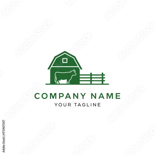 A minimalist green logo featuring a barn with a cow and a fence, suitable for a farm or agricultural business.