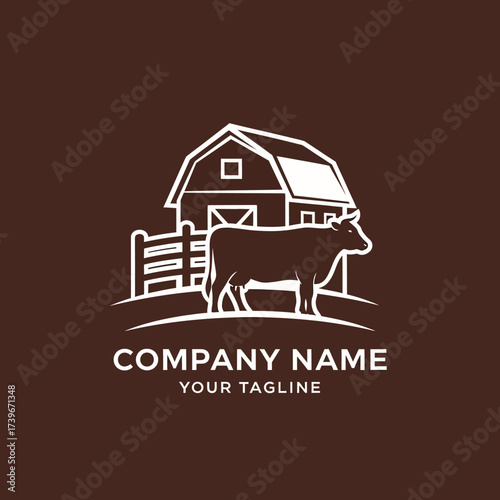 White outline farm logo featuring a barn, fence, and cow on a brown background, with placeholder text for company name and tagline.