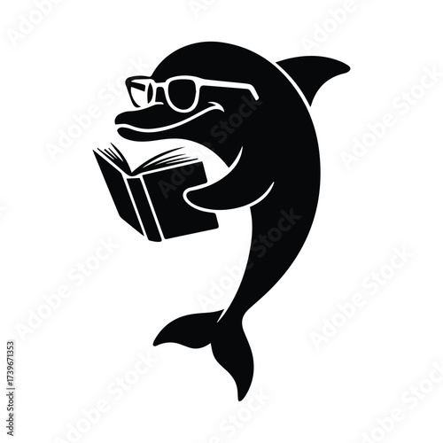 Clever dolphin wearing glasses reading a nautical book smart aquatic animal knowledge silhouette silhouette