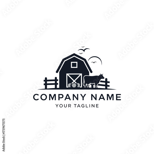 Silhouette of a barn with a cow, fence, birds, and sun, representing a farm or agricultural business.