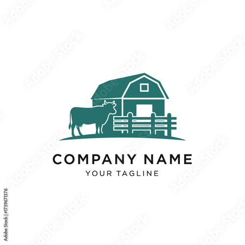 A teal silhouette logo featuring a barn, a cow, and a fence, with space for company name and tagline.