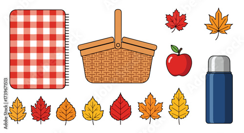 Autumn Picnic Set Red Gingham Blanket Wicker Basket Apple Thermos and Fall Leaves Vector Illustration