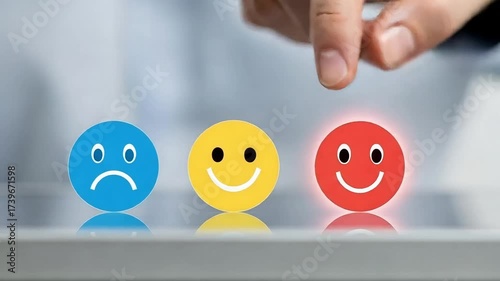 Customer experience video shows finger selecting happy face icon for positive feedback, emphasizing satisfaction and service quality