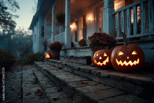 Halloween pumpkins on the house staircase. Generative AI