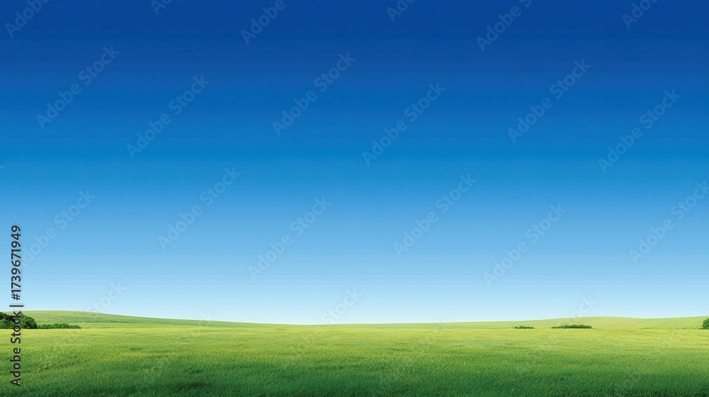 Fototapeta premium Bright blue sky meets lush green grass, creating an ideal backdrop for advertisements. The layout provides ample space for promotional text on the right side.