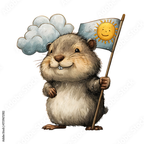 Groundhog with weather flag isolated on transparent background