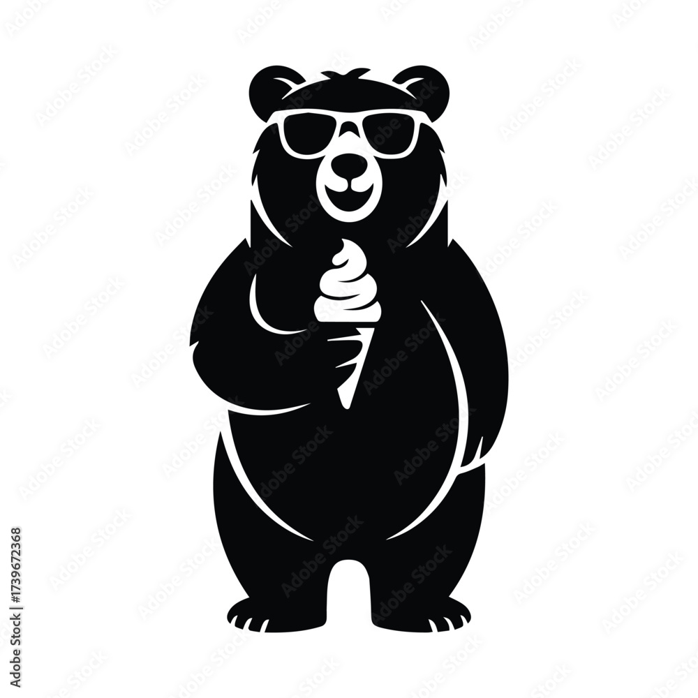 Naklejka premium Cool bear silhouette wearing sunglasses enjoys ice cream cone on hot summer day fun silhouette