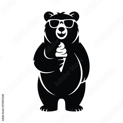 Cool bear silhouette wearing sunglasses enjoys ice cream cone on hot summer day fun silhouette