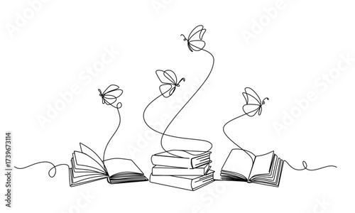 Flying book one line drawing with butterfly. Continuous hand drawn contour vector