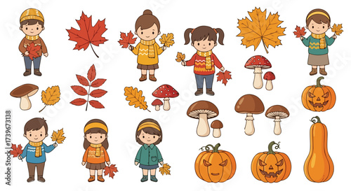 Cute Autumn Cartoon Collection Kids Leaves Pumpkins Mushrooms Seasonal Graphics