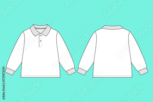 Long Sleeve Polo Shirt with Ribbed Cuffs Fashion Flat Sketch CAD Template