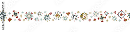 Decorative folk border made of stylized snowflakes, floral motifs, nordic ornaments in festive colors Elegant Scandinavian Christmas design for cards, wrapping, seasonal projects Winter vector pattern