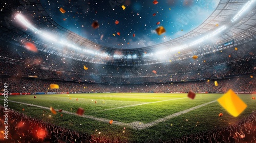 A packed sports stadium during an exciting game with fans