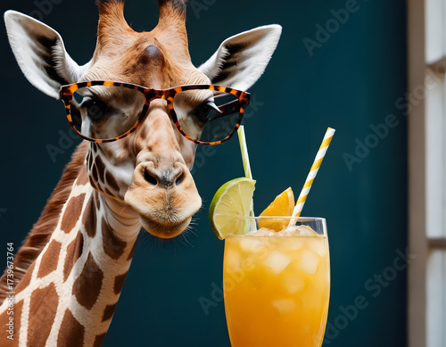 Portrait of giraffe in sunglasses with cocktail, portrait of a giraffe, giraffe close up
