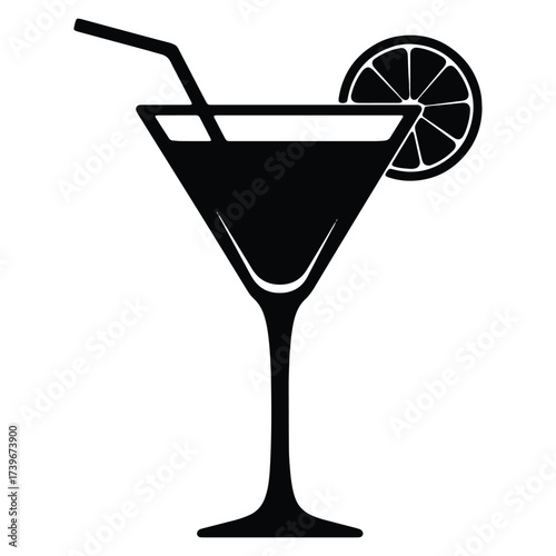 Elegant Martini Glass Silhouette with Citrus Slice and Straw Illustration