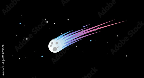 A meteor streaks across space leaving a colorful trail of blue purple and pink Stars dot the black background