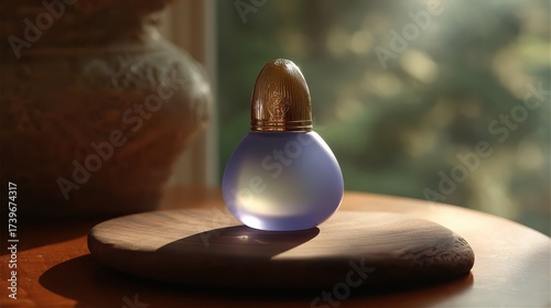 A perfume bottle with a lavender color and a golden top on wood