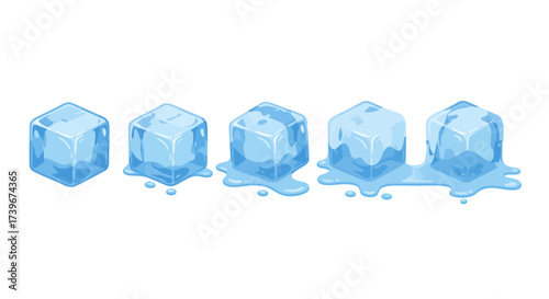 A sequence of five ice cubes depicting progressive melting with drips showcasing transition of solid to liquid state