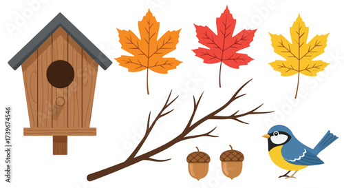 Autumn Season Elements Cute Blue Bird Wooden Birdhouse Maple Leaves Acorns and Tree Branch Vector Illustration for Fall Graphics and Design
