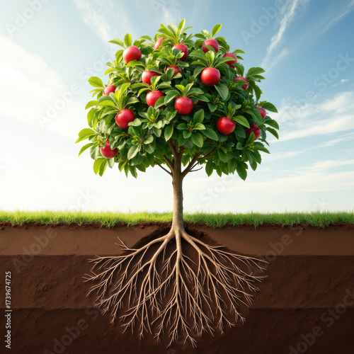 Vibrant apple tree with lush green leaves and ripe red apples stands above ground, showcasing its intricate root system below