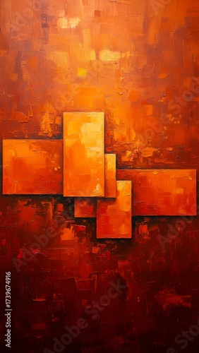 A modern, abstract oil painting with a heavy impasto texture. The geometric composition of rectangles features a warm, orange and brown palette, perfect for autumn decor.
