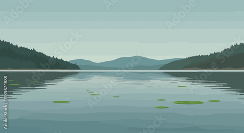Pixel lake scene featuring calm waters distant mountains and lily pads
