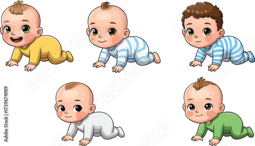 Cute crawling baby cartoon illustration, happy toddlers in colorful pajamas, infant character drawing, adorable children activity, playful childhood design art