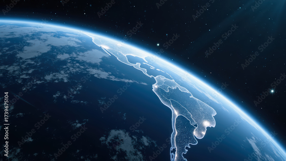 Obraz premium Stunning view of Earth from space, showcasing illuminated outline of South America against dark starry background