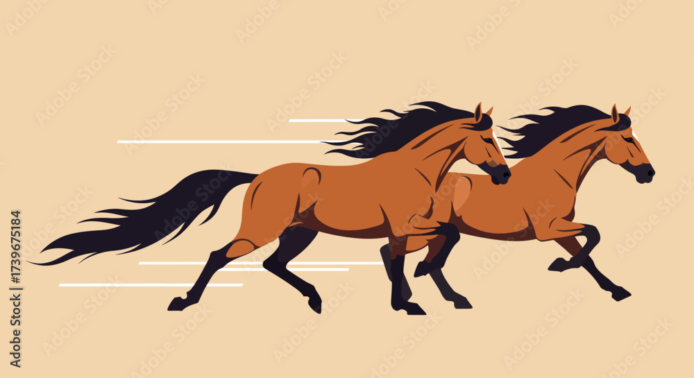 Obraz premium Two brown horses with black manes run sidebyside with lines to indicate speed