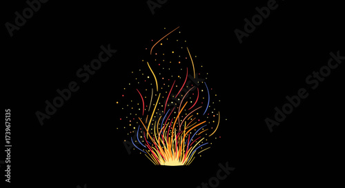 Stylized fire with orange yellow red and blue embers on a black background