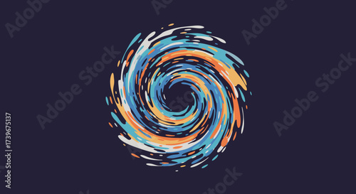 Swirling vortex of blue orange and white paint splatters on a dark blue background