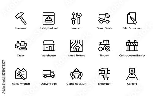 Industrial construction essentials icons featuring excavator, crane, dump truck, warehouse, tools, safety helmet, and transport equipment designs
