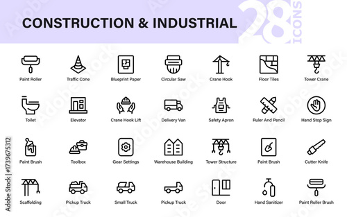 Modern construction and industrial essentials icon set featuring scaffolding, trucks, cranes, tools, safety equipment, warehouse, and renovation symbols.