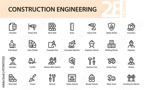 Construction and engineering icon set featuring tools, machinery, safety gear, workers, vehicles, and building essentials for industrial and architectural projects