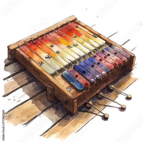 Marimba, watercolor painting vector, isolated on a white background.