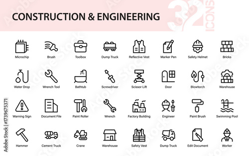 Professional construction and engineering icon set featuring safety helmet, tools, vehicles, warehouse, factory, worker, documents, and industrial equipment.