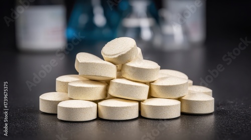 A pile of offwhite circular pills on a dark surface