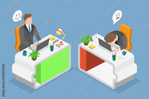 3D Isometric Flat Vector Illustration of Burnout Vs Full Energy, Struggling To Keep Up