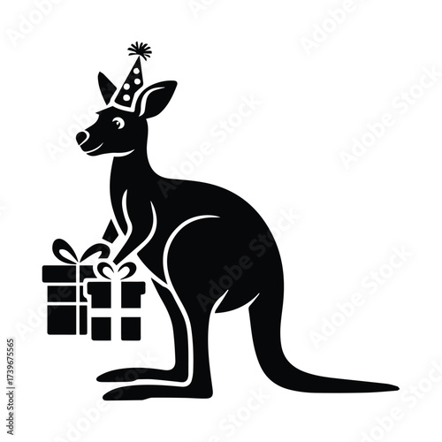 Joyful kangaroo wearing party hat holds gift box celebrating birthday silhouette animal silhouette