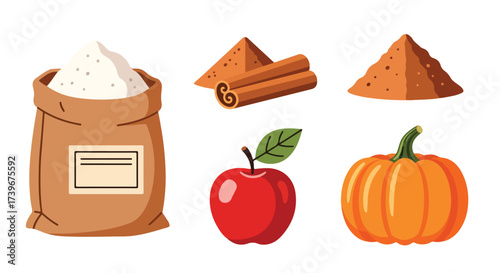 Autumn Baking Ingredients Flour Cinnamon Sticks Spices Apple and Pumpkin for Fall Recipes