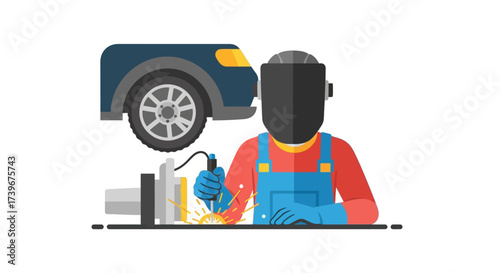 Craftsman using welding tools to repair a car with safety gear in professional setup