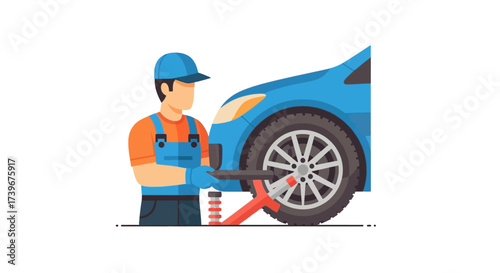 Illustration of a mechanic working on a car tire with a jack in a repair shop providing automobile