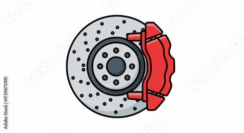 Stylized illustration of a car brake disc and red caliper, perfect for automotive graphics or