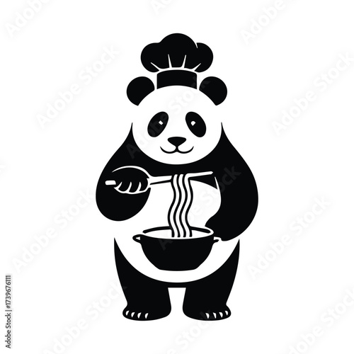 Cute panda chef enthusiastically cooking delicious noodles in a pot with a spoon silhouette