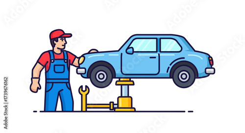 Car repair illustration showcasing mechanic and vehicle lift for service inspection and general