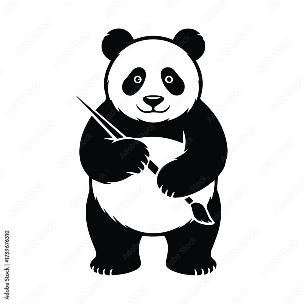 Fototapeta premium Adorable panda bear artist silhouette holding paintbrushes and palette ready for creative painting silhouette