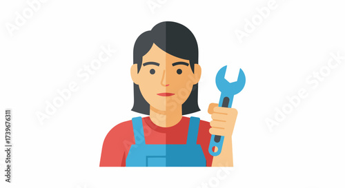 Female mechanic holding wrench icon illustration for engineering and repair service concept