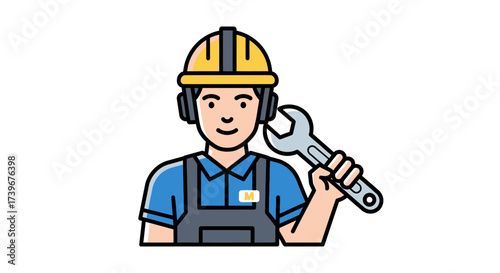 Illustration of a confident maintenance worker holding a wrench ready to fix things skillfully