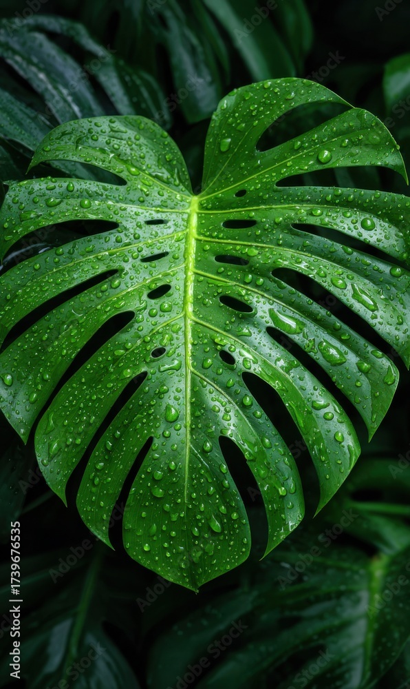 Obraz premium A vibrant green leaf with a long stem holds fresh water droplets, reflecting light. Surrounded by lush foliage, it captures the essence of nature after a rain.