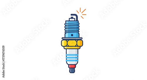 Stylized spark plug illustration against a clean white backdrop emitting energy signal